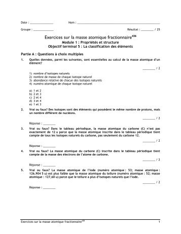 Exercices sur la masse atomique fractionnaire436