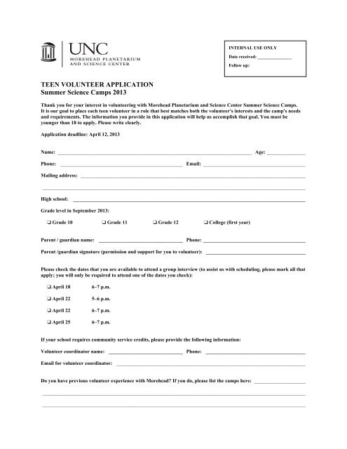 Teen Volunteer Application - Morehead Planetarium and Science ...