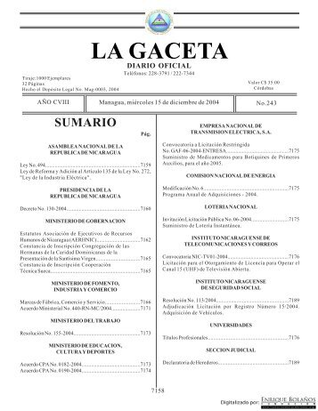 Gaceta - Diario Oficial de Nicaragua - # 243 de 15 Diciembre 2004