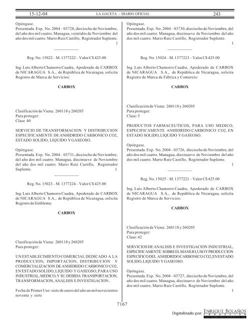 Gaceta - Diario Oficial de Nicaragua - # 243 de 15 Diciembre 2004