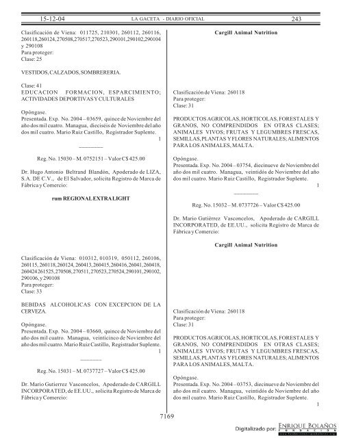 Gaceta - Diario Oficial de Nicaragua - # 243 de 15 Diciembre 2004