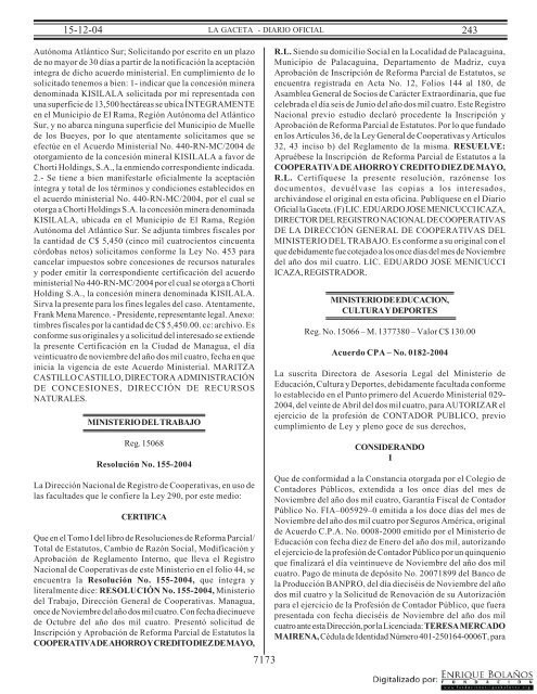 Gaceta - Diario Oficial de Nicaragua - # 243 de 15 Diciembre 2004