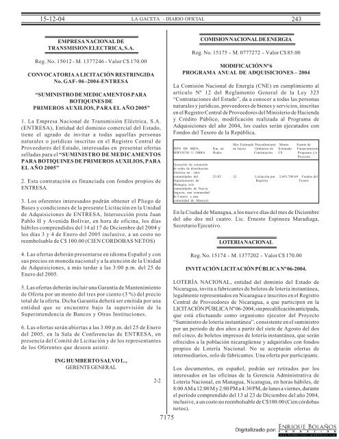 Gaceta - Diario Oficial de Nicaragua - # 243 de 15 Diciembre 2004