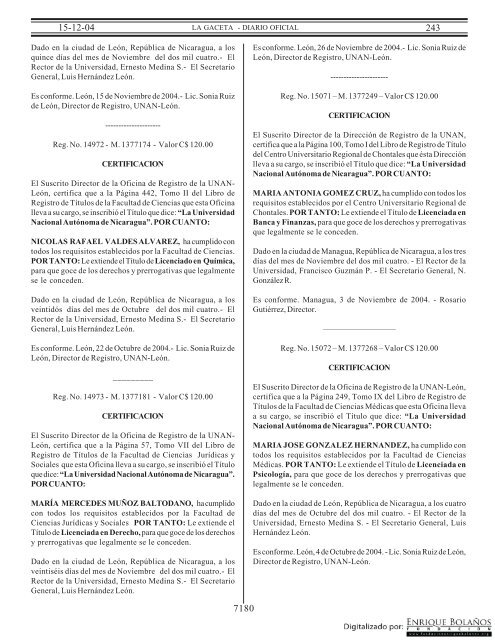 Gaceta - Diario Oficial de Nicaragua - # 243 de 15 Diciembre 2004