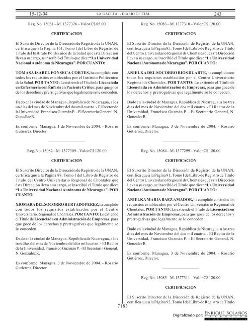 Gaceta - Diario Oficial de Nicaragua - # 243 de 15 Diciembre 2004