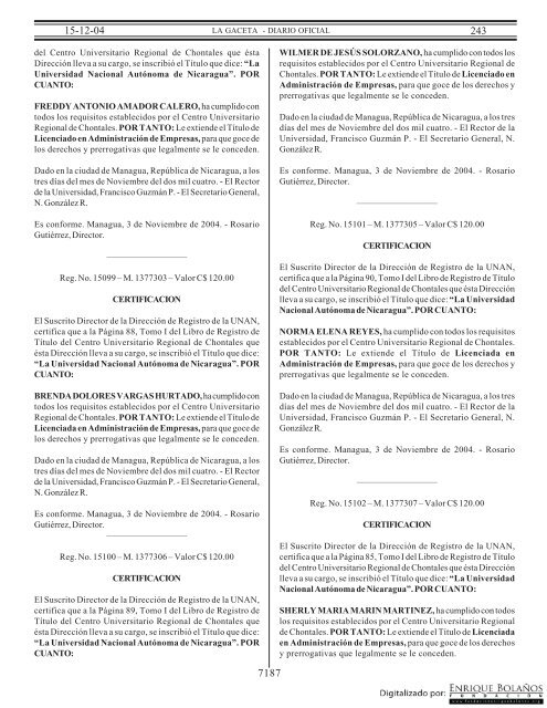 Gaceta - Diario Oficial de Nicaragua - # 243 de 15 Diciembre 2004