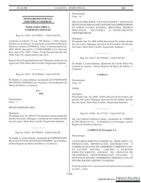 Gaceta - Diario Oficial de Nicaragua - # 243 de 15 Diciembre 2004