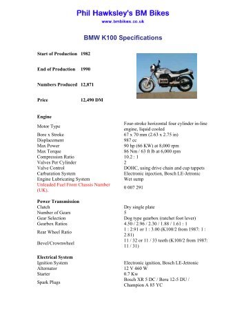 BMW K100 Specifications - BM Bikes, BMW Motorcycle Information