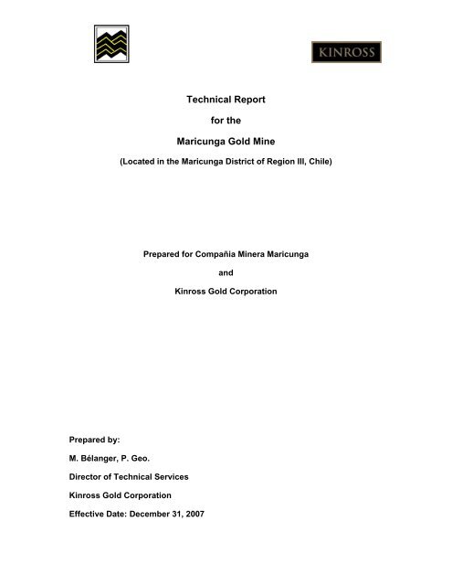 Technical Report for the Maricunga Gold Mine - Kinross Gold