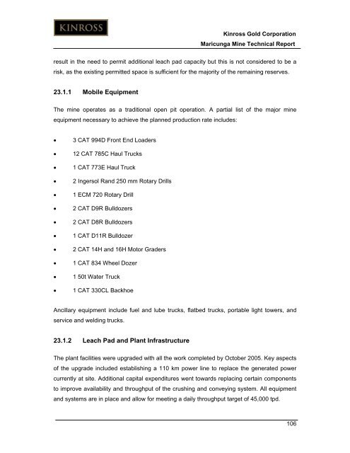 Technical Report for the Maricunga Gold Mine - Kinross Gold