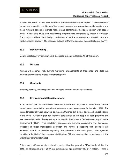 Technical Report for the Maricunga Gold Mine - Kinross Gold