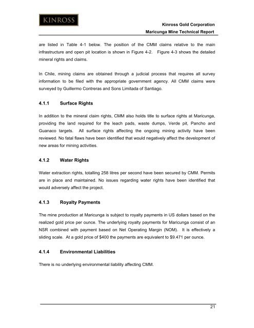 Technical Report for the Maricunga Gold Mine - Kinross Gold