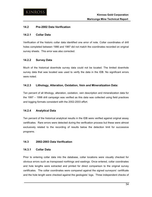 Technical Report for the Maricunga Gold Mine - Kinross Gold