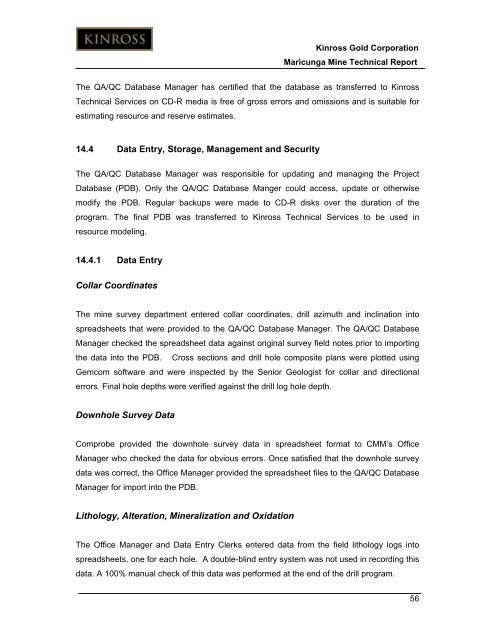 Technical Report for the Maricunga Gold Mine - Kinross Gold