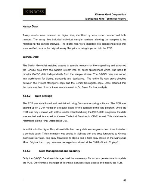 Technical Report for the Maricunga Gold Mine - Kinross Gold