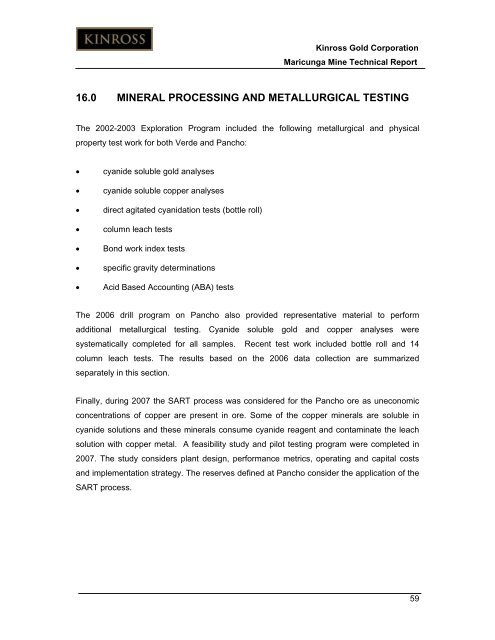 Technical Report for the Maricunga Gold Mine - Kinross Gold