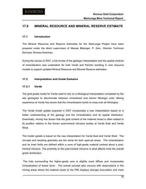 Technical Report for the Maricunga Gold Mine - Kinross Gold