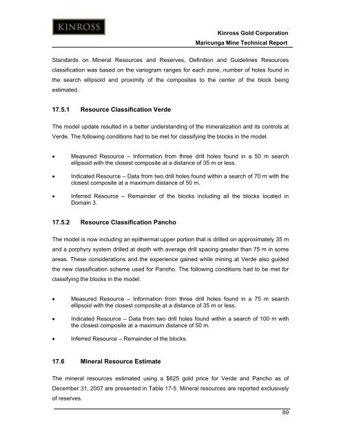 Technical Report for the Maricunga Gold Mine - Kinross Gold