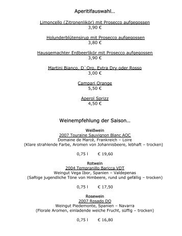 AperitifauswahlÃ¢ÂÂ¦ Weinempfehlung der SaisonÃ¢ÂÂ¦