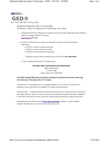 Page 1 of 1 Duplicate Diplomas and/or Transcripts :: GED :: ACCES ...