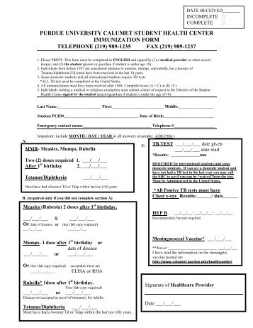 Immunizations Screening Form - Purdue University Calumet