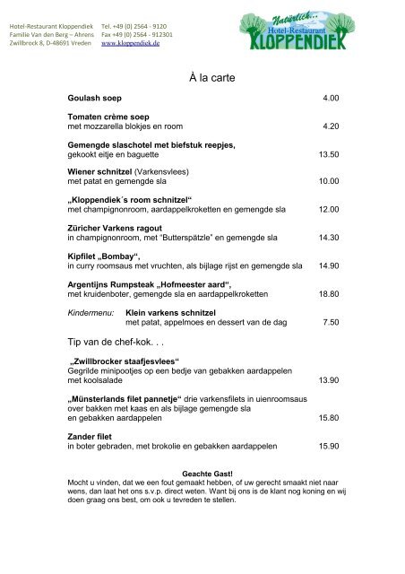 Menukaart Zondags geopend vanaf 12:00h t/m - Kloppendiek