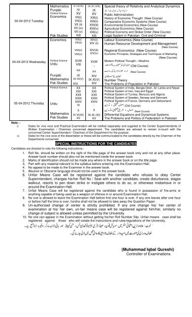 University of Sargodha MA MSc Part 2 Date Sheet 2012 - ilmkidunya