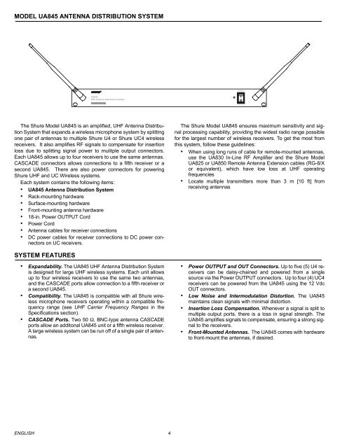 Shure UA845 User Guide English - J&H Licht en Geluid