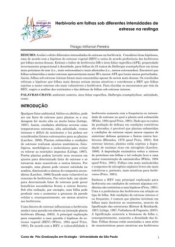 Herbivoria em folhas sob diferentes intensidades de estresse na ...