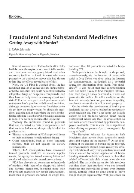 Fraudulent and Substandard Medicines - Uppsala Monitoring Centre