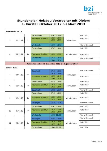 Stundenplan Holzbau Vorarbeiter mit Diplom 1. Kursteil Oktober ...