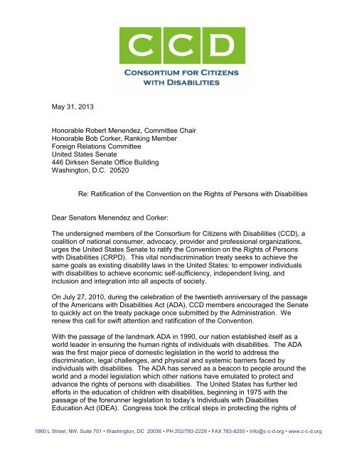 2013 CCD Letter in Support of United States Ratification of the CRPD