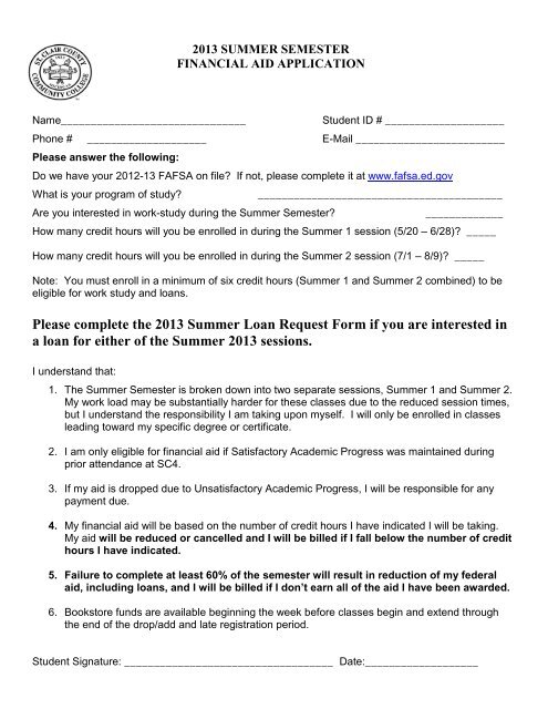 2013 Summer Financial Aid Application and Loan Request Form