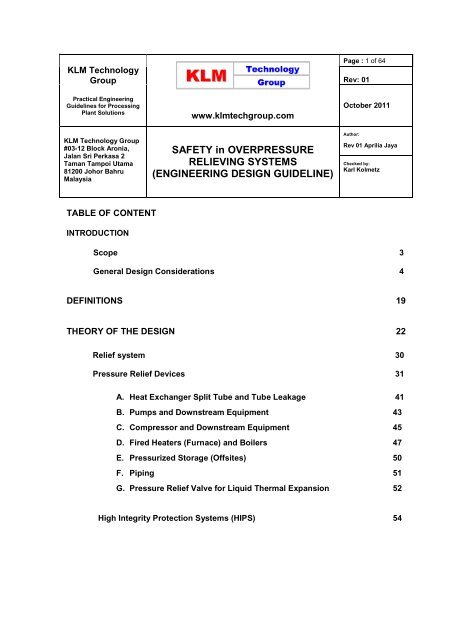 SAFETY in OVERPRESSURE RELIEVING SYSTEMS - KLM ...