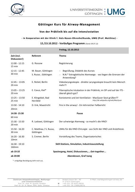 Airway-Kurs 2012, VorlÃƒÂ¤ufiges Programm - ZARI