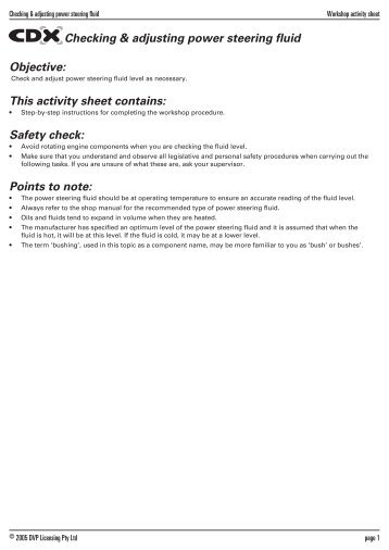 Inspect Power Steering Fluid Worksheet