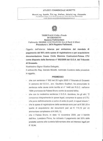 Istanza del curatore fallimentare, rag. Daniele Moretti ... - Bruno Falzea