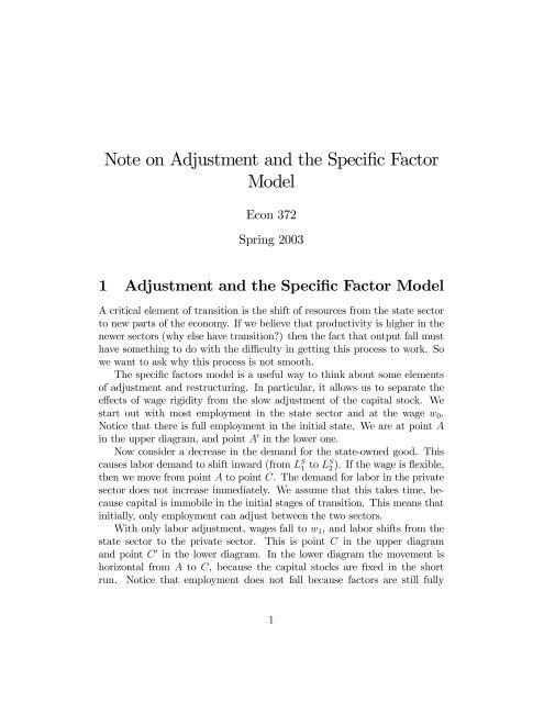 Note on Adjustment and the Specific Factor Model