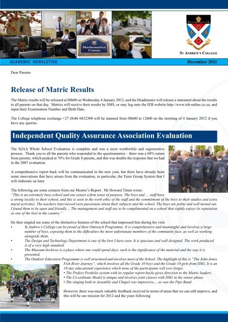 Release of Matric Results - St Andrew's College
