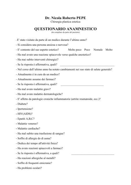 QUESTIONARIO ANAMNESTICO - Laser-chirurgiaplastica.com