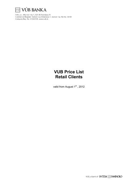 Vub Price List Retail Clients Vasb Banka