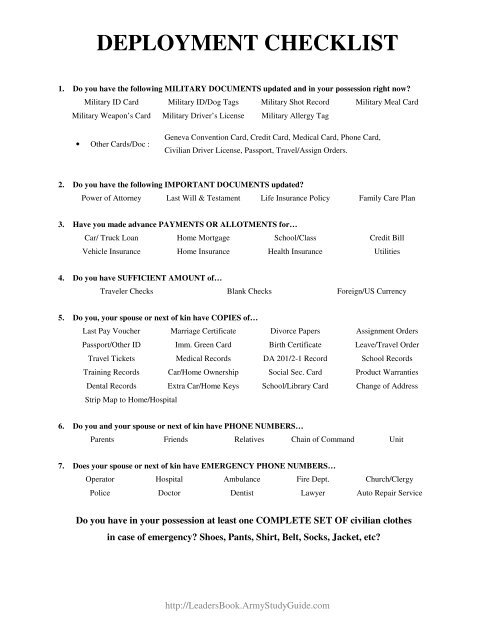 DEPLOYMENT CHECKLIST - ArmyStudyGuide.com