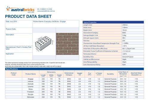 Everyday Life Bricks Data sheet - Shoalhaven Brick and Tile