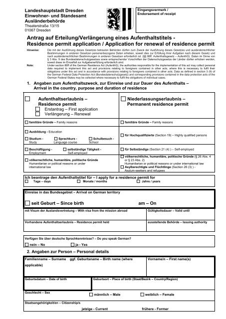 Antrag Auf Erteilung Verlängerung Eines Aufenthaltstitels Antrag auf Erteilung/VerlÃ¤ngerung eines Aufenthaltstitels - in Dresden!
