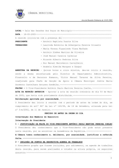 ACTA N.Ã‚Âº 012/2005 REUNIÃƒÂƒO ORDINÃƒÂRIA DE 18-05-2005