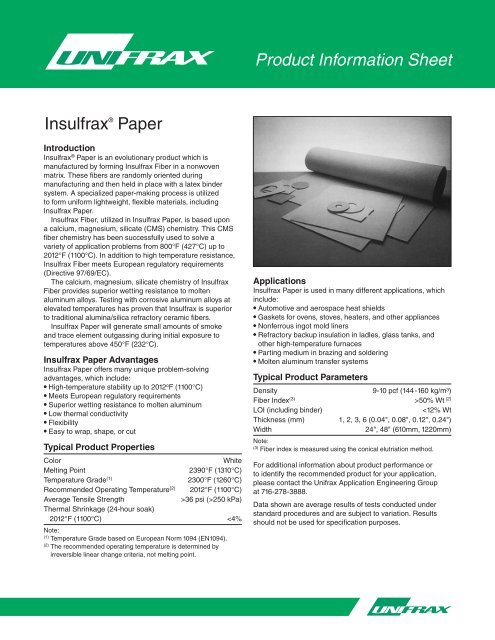 View Product Information Sheet (PDF) - Unifrax
