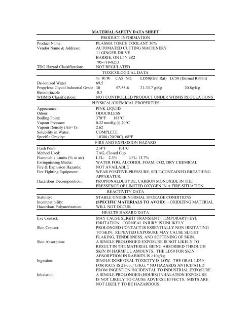 plasma torch coolant 30% - Hood Chemical