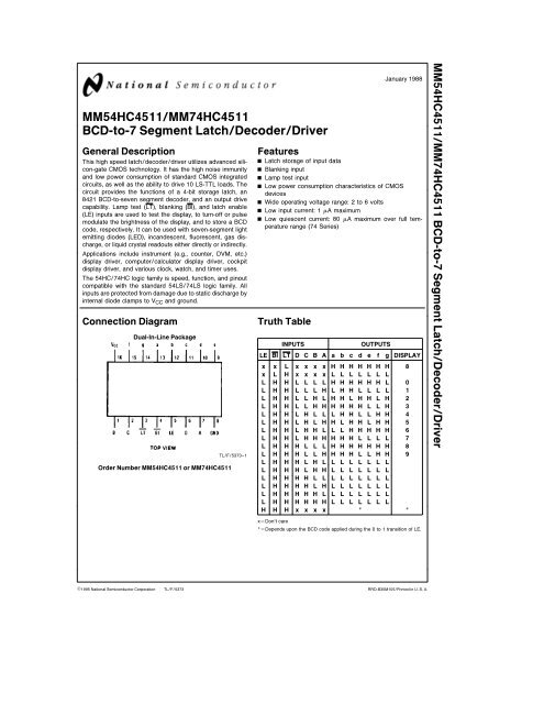 MM54HC4511 MM74HC4511 BCD-to-7 Segment Latch Decoder ...