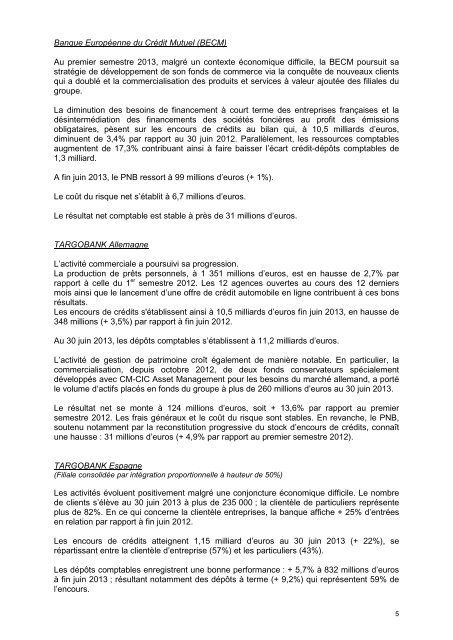 rÃ©sultats semestriels 2013 CIC, CM11-CIC - Banque FÃ©dÃ©rative du ...