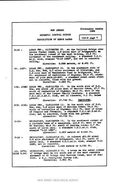 Bulletin 51, New Jersey Geodetic Control Survey Bench Marks in ...